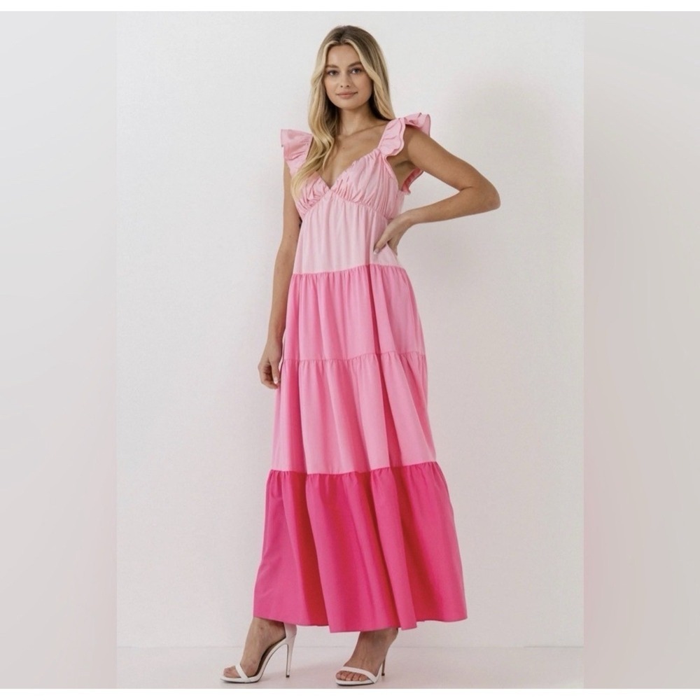 English Factory Sweetheart Color Block Maxi Dress Pink Ruffle Tiered. Sz S